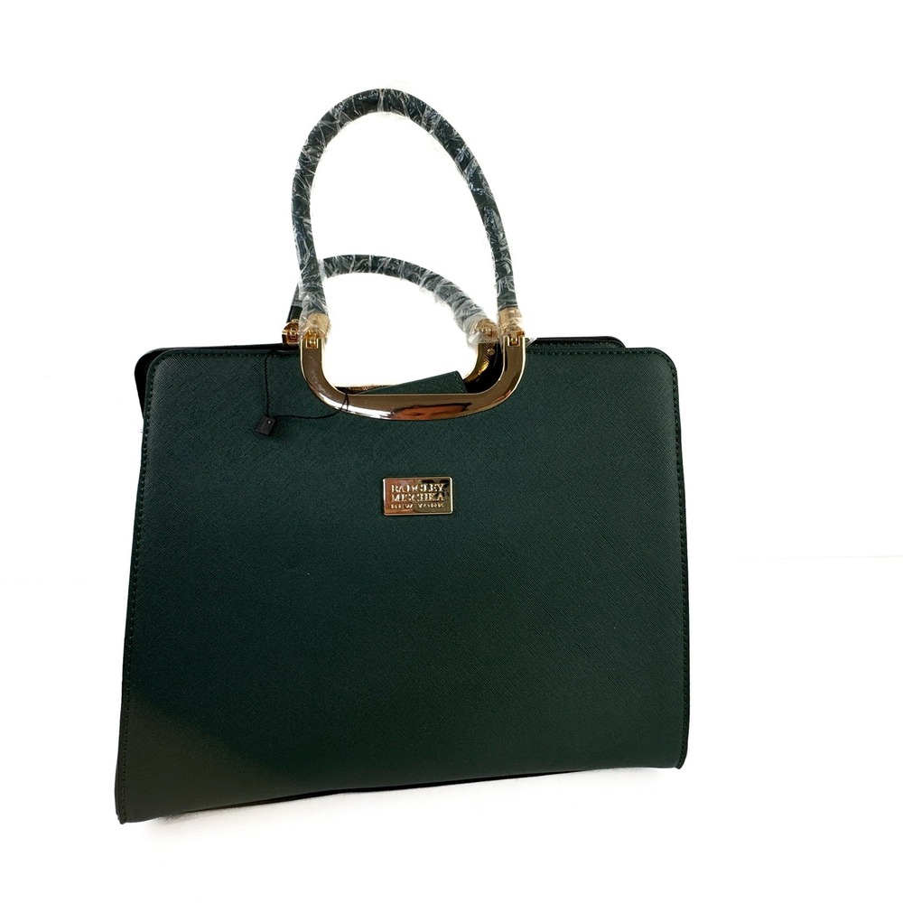 Badgley Mischka Emerald Green Saffiano Satchel Handbag Gold Hardware New
